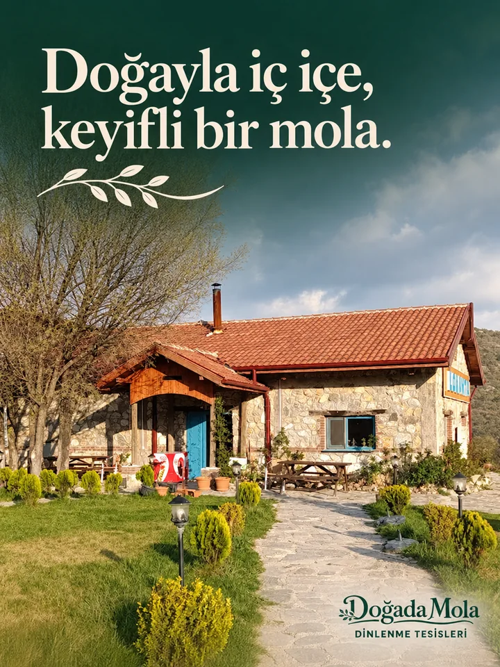 Instagram görselimiz: taş restoranımız, Doğayla iç içe keyifli bir mola başlığı ve Doğada Mola logosu