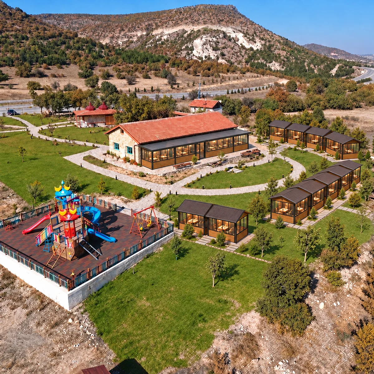 Planlanan loca ve teras düzenlemesinin kuşbakışı ön tasarım görseli